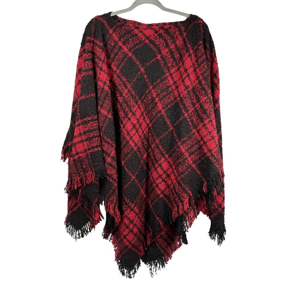 Chaps Knitted Pullover Poncho O/S‎ Buffalo Plaid Red Black Fringe Cape Cardigan